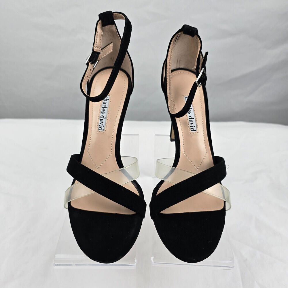 Charles David Sandals Women 7.5 Black Courtney Leather Buckle Heels NIB - Picture 3 of 16